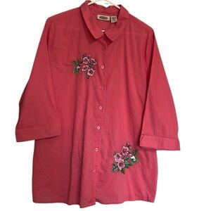 Pink/Salmon Colored Hummingbird Embroidered Button Front Shirt